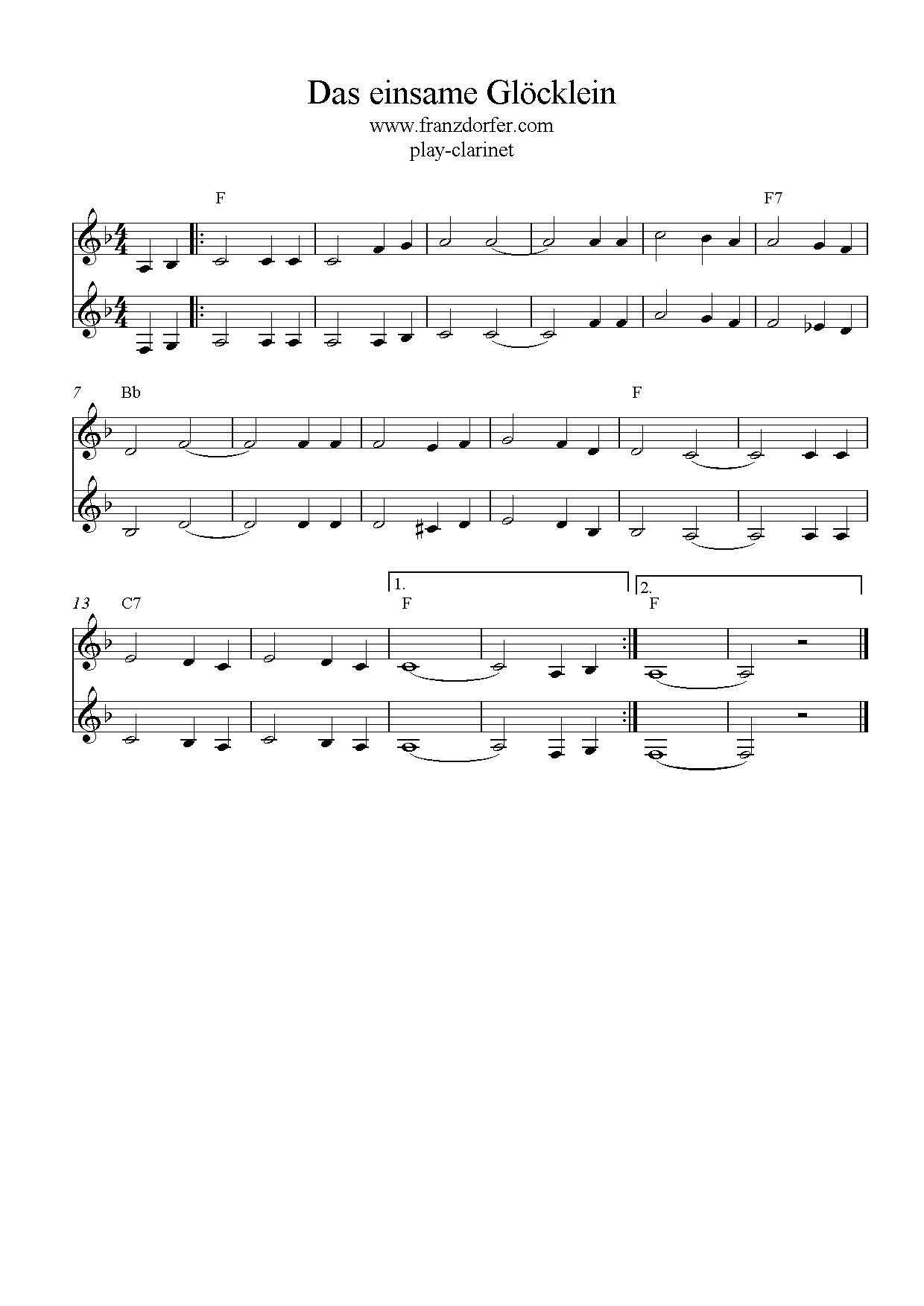 Noten Das einsame Glöcklein F-Major low